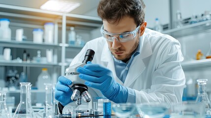 Poster - A scientist wearing safety goggles and gloves leans over a microscope, examining a sample.