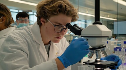 Poster - A scientist wearing safety goggles and gloves leans over a microscope, examining a sample.