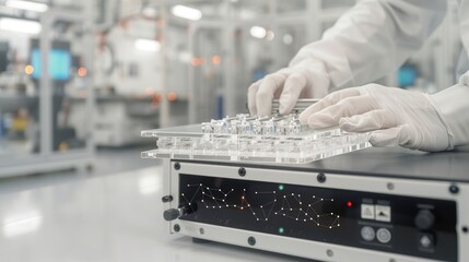 Poster - A gloved technician carefully handles a tray of small electronic components in a clean room setting