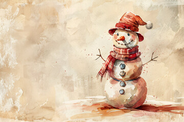 Wall Mural - Vintage Xmas postcard with happy snowman with carrot nose in knitted hat and scarf. Festive background with a lovely snowman. Merry Christmas and happy New Year greeting card with copy space