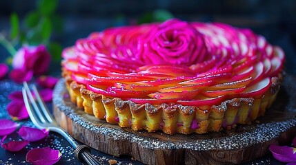 Wall Mural -   A photo of a close-up cake on a wooden board with a fork and flower petals surrounding it