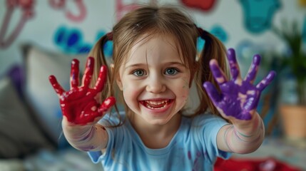 Wall Mural - The happy child with painted hands