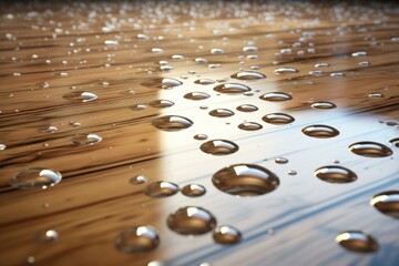 Poster - Close-up image of glistening water droplets on a smooth, reflective surface with a warm hue