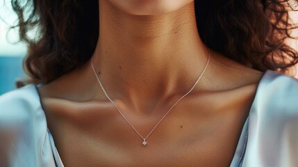 Wall Mural - delicate necklace with a diamond pendant worn by a model closeup	