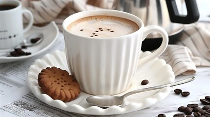 Wall Mural -   A cup of cappuccino & a cookie on separate saucers