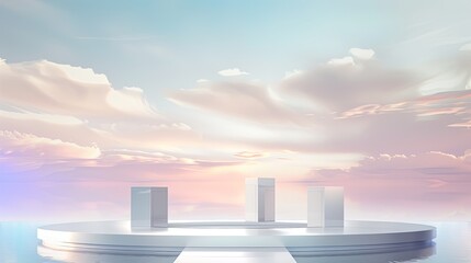 Poster - Futuristic Display Platform With Cubic Stands Against a Pastel Sky