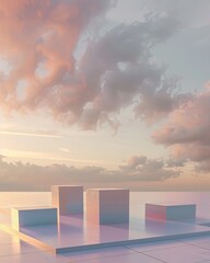 Poster - Futuristic Display Platform With Cubic Stands Under Pastel Clouds