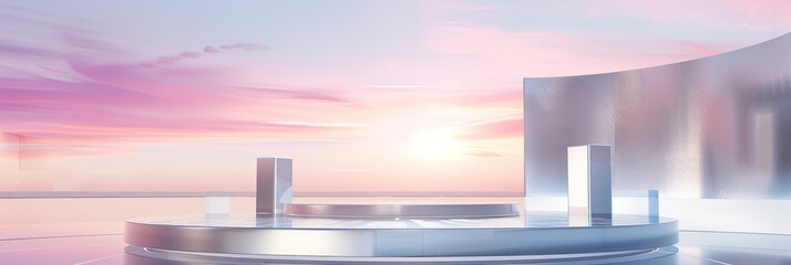 Poster - Futuristic Product Display Platform With Three Cubic Stands at Sunset