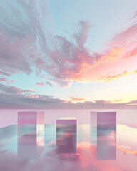 Poster - Three Cubic Display Stands On A Futuristic Platform Against A Pink And Blue Sunset Sky