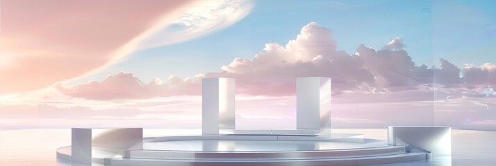 Poster - Futuristic Product Display Platform With Cubic Stands in a Cloudy Sky