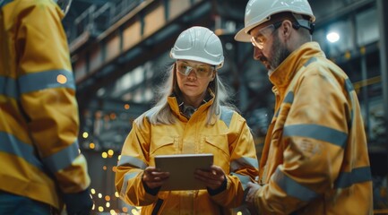 Wall Mural - Female industrial engineer discussing project with colleagues inside a factory