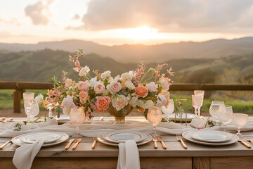 Beautiful soft pastel rustique outdoor dinner table with floral arrangements at sunset