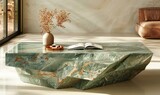 A luxurious green jade marble coffee table in an elegant design sits in a softly lit high-end living room.