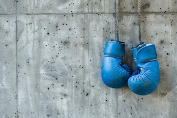 Two worn blue boxing gloves hanging on a concrete wall, symbolizing strength, resilience, and the spirit of a fighter