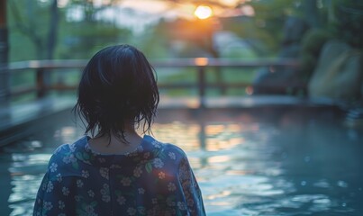 Wall Mural - A black-haired woman in pyjamas stands by the pool with her back to us, head turned slightly to the side. She is wearing patterned blue-green pyjamas with the shoulders down.