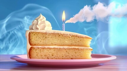 Wall Mural -   A plate with a candle atop a slice of cake and smoke rising from it