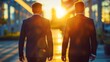 © Irina Kozel - Two businessmen in suits walking towards the sunset in an urban setting