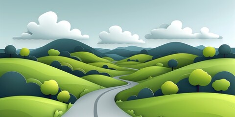 Minimalist landscape with green hills, a winding road, and clouds in a bright, smooth design