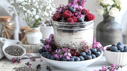 Wall Mural -   A bowl of mixed berries rests on a nearby table alongside a flower arrangement