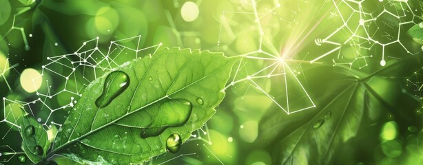 Poster - Green leaf with water droplets on a futuristic digital background
