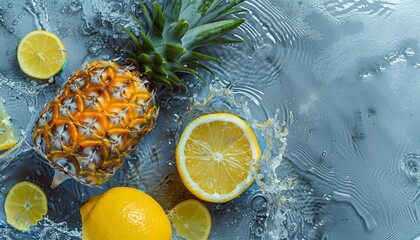 Wall Mural - Refreshing Summer Fruit Composition with Pineapple, Lemon, and Ice Cubes