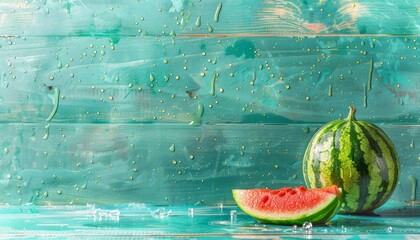 Wall Mural - Refreshing Summer Composition with Whole and Sliced Watermelon on Rustic Blue Background