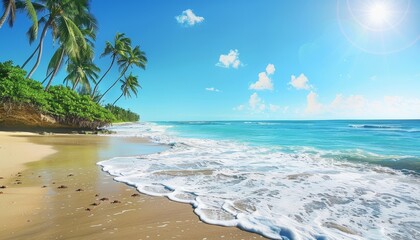 Wall Mural - Serene Tropical Beach with Swaying Palms and Playful Crabs