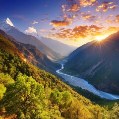 Colorful landscape with high Himalayan mountains, beautiful curving river, green forest, blue sky with clouds and yellow sunlight at sunset in summer in Nepal. Mountain valley. Travel in Himalayas