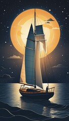 A minimalist, futuristic illustration of a sailing boat against a colourful, enigmatic night sky