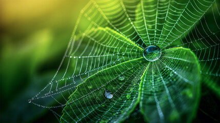 Macro shot of spider web with dewdrops on green leaves in natural sunlight

