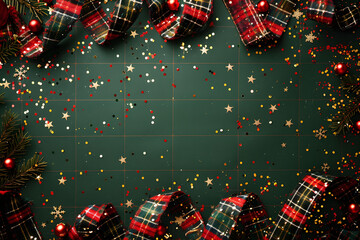 Wall Mural - festive christmas decorations on dark blue background. christmas greeting card template, happy new y