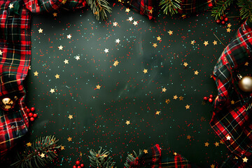 Wall Mural - festive christmas decorations on dark blue background. christmas greeting card template, happy new y