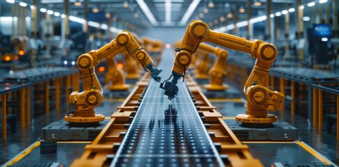 Poster - Robotic arms assembling products in a high-tech factory setting