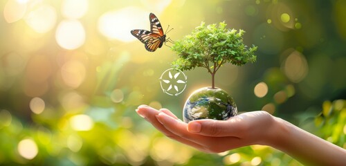 Wall Mural - hand holding a green earth with a tree and butterfly symbolizing environmental conservation