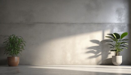 Wall Mural - Vintage Grey Studio Room with Wooden Bookshelf and Houseplant, Sunlight Streaming Through Window onto Decorative Concrete Wall Texture and Rough Cement Floor Background