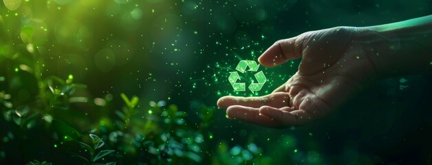Wall Mural - hand holding glowing green recycling symbol amidst nature promoting sustainability and eco-friendly 