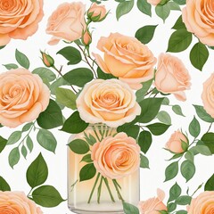 Wall Mural - Pink rose bud bouquet in peach fuzz vase for February 14 greeting card illustration