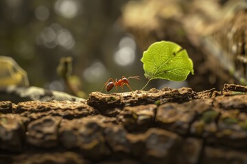 Sticker - A small red ant carries a large leaf on a log, showcasing its determination and resourcefulness