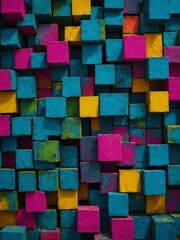 Poster - Dense arrangement of colorful cubes stacked together in seemingly random pattern. Cubes primarily in shades of blue, pink, yellow, with some showing mix of colors due to paint splatters.
