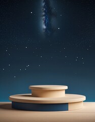 Wall Mural - Starry Night Sky with 3D Podium Step, Cosmic Galaxy Display Presentation, Dark Background with Stage Stand Mockup