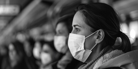 Wall Mural - A person wearing a face mask on a train, perfect for use in articles about public health or transportation