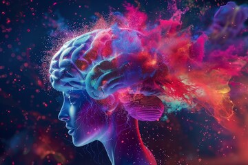 Poster - Woman experiencing creative inspiration with colorful brain illustration
