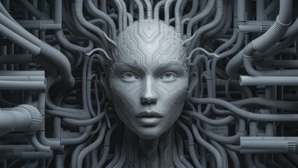 Wall Mural - A woman's head surrounded by a bunch of wires and tubes, AI