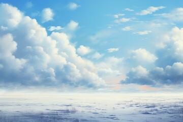 Digital illustration of a peaceful landscape, with expansive clouds over a snow-covered plain