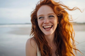 Wall Mural - A woman with red hair is smiling and laughing on a beach. She is wearing a white tank top and a necklace