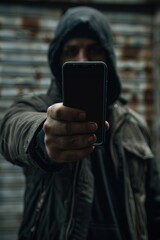 A person wearing a hooded jacket holds a cell phone, suitable for use in various scenes such as crime stories or modern life