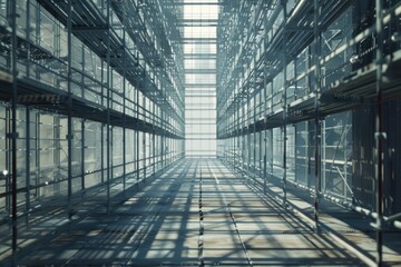 Poster - A long hallway with many windows, suitable for interior design or architecture projects