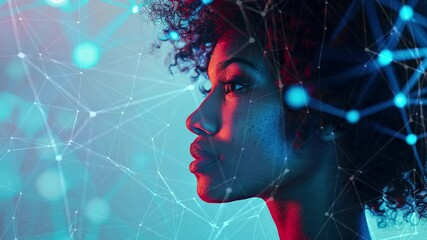 Wall Mural - Beautiful black young woman close-up. IT specialist, artificial intelligence collage.  Working in a data center. Generate AI.