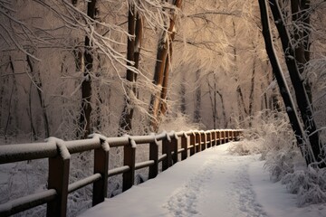 Poster - Snow-covered trail with frosty trees and warm light peeking through, creating a tranquil scene