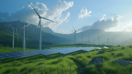 Modern Wind turbines and solar panels sunset light. Concept eco green renewable energy. Generation AI